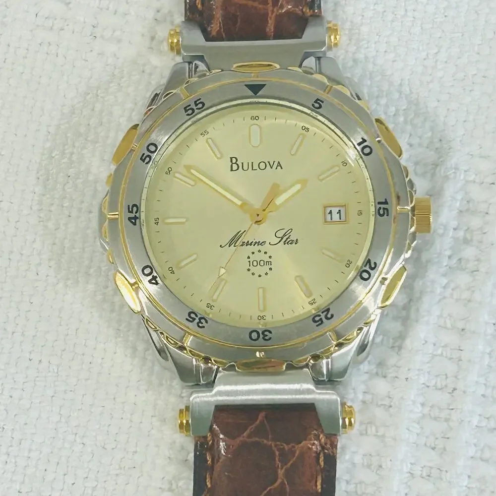Bulova Marine Star Ladies Watch Quartz 37mm 2 Tone Leather Strap Vintage
